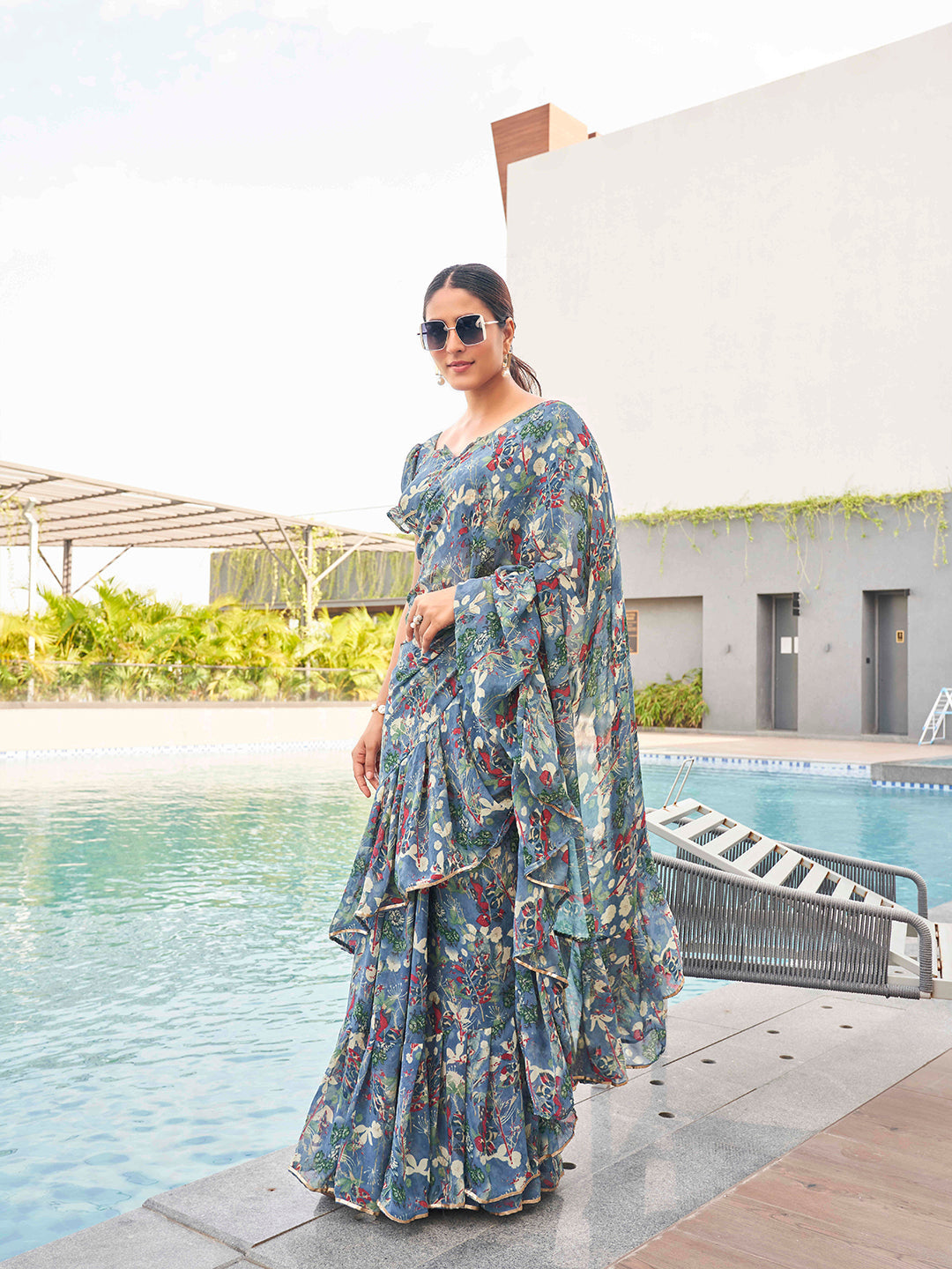 Tikhi Imli Floral printed ruffled saree | Swadesiicart