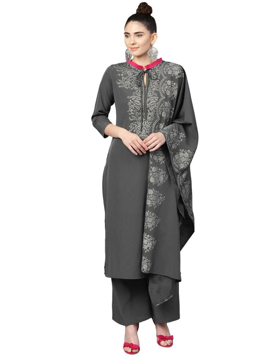 Ahalyaa Grey Crepe Printed Kurta Palazzo Set With Dupatta | Swadesiicart