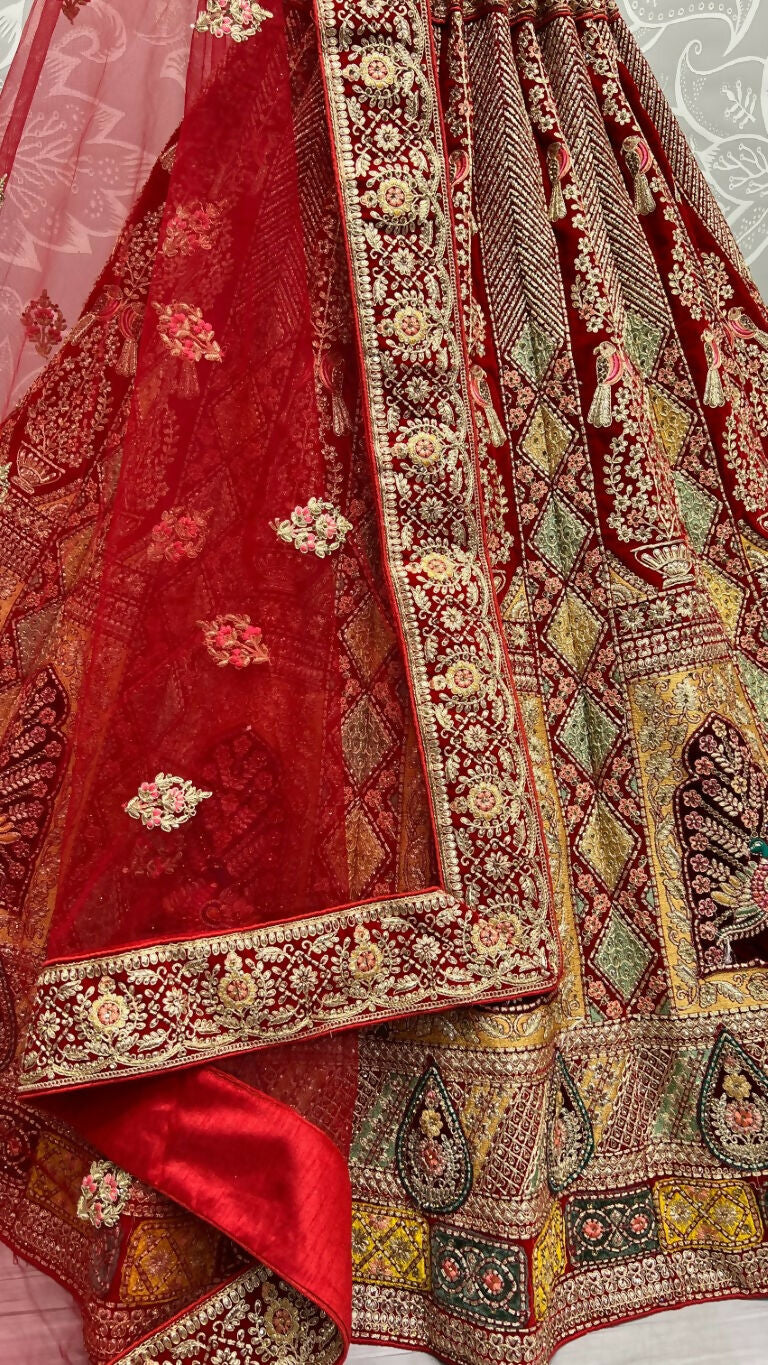 Jyoti Fashion Women's Red Velvet Fancy Dori, Zari with Multi Thread Embroidered Wedding Lehenga Choli | Swadesiicart