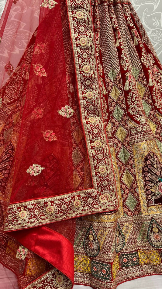 Jyoti Fashion Women's Red Velvet Fancy Dori, Zari with Multi Thread Embroidered Wedding Lehenga Choli | Swadesiicart