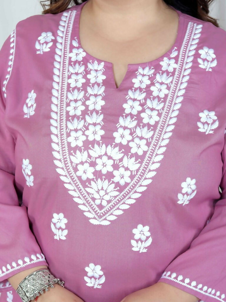 Miravan Women's Plus Size Chikankari Embroidery Pink Straight Kurta And Palazzo Set | Swadesiicart