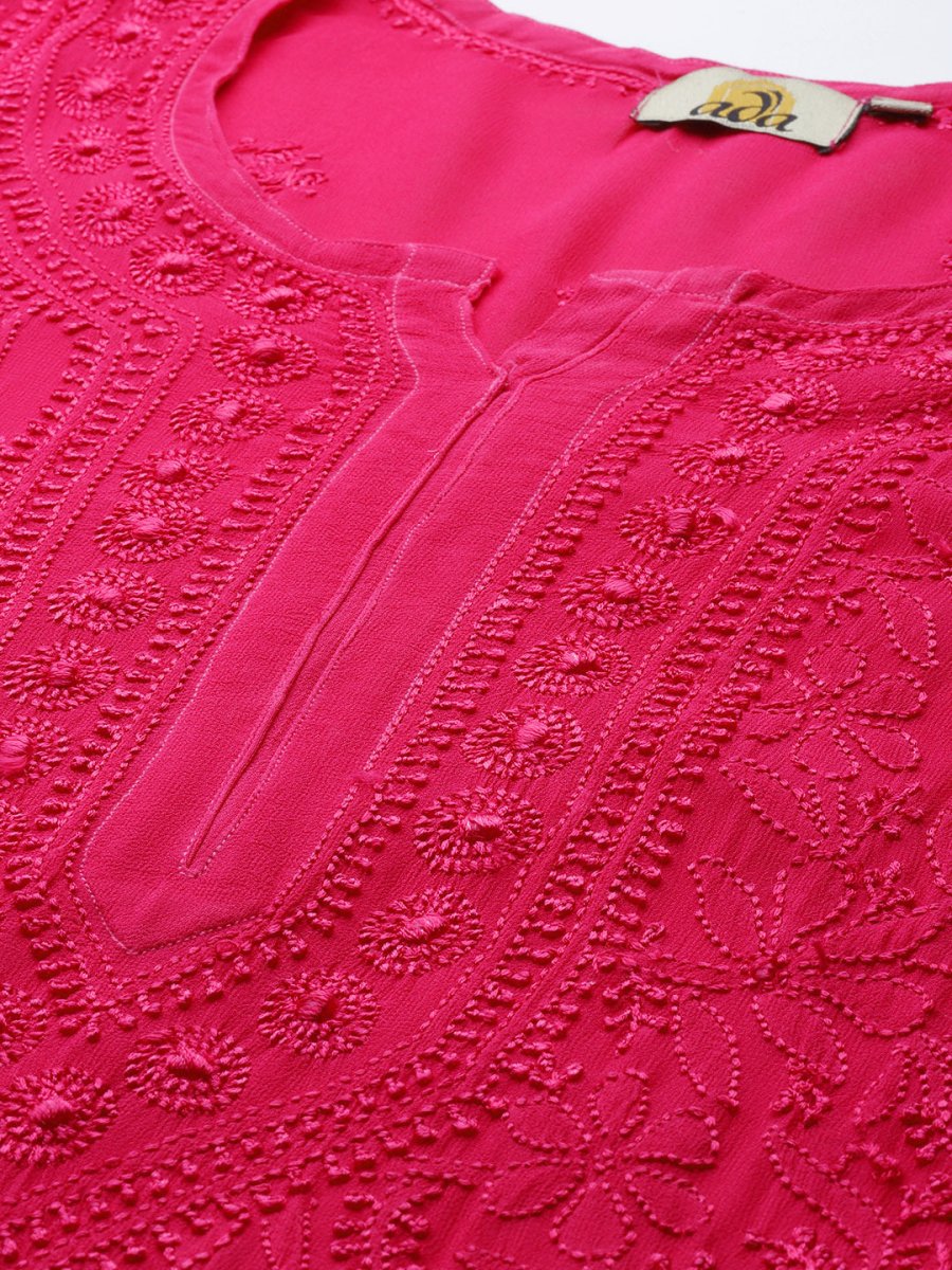 ADA Women Magenta & Magenta Ethnic Motifs Embroidered Chikankari Georgette Kurta | Swadesiicart