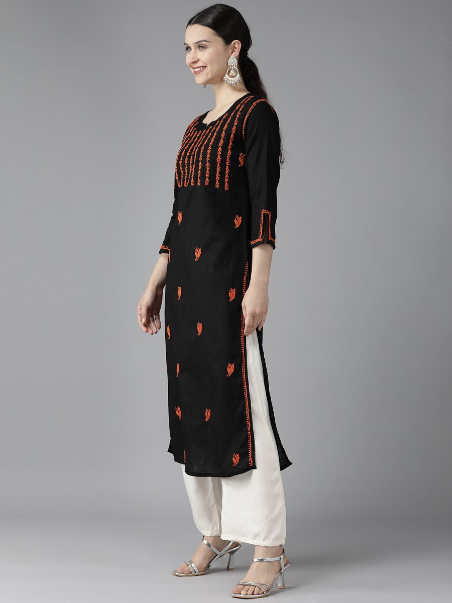 ADA Women Black & Orange Ethnic Motifs Embroidered Chikankari Kurta | Swadesiicart