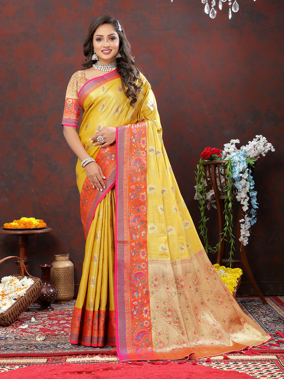 Lorenvalley Fashion Yellow Kanjivaram Silk Woven Design with Zari Weaving Saree - Swadesiicart