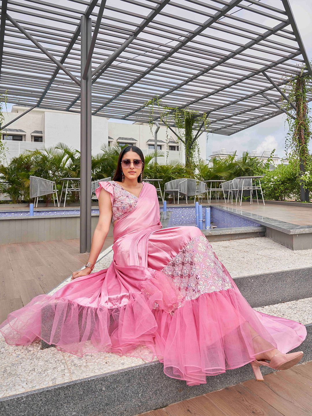 Tikhi Imli Sequinned Satin Ready to Wear Saree | Swadesiicart