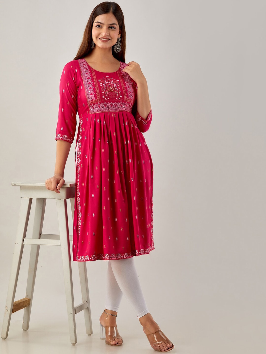 Kalini Ethnic Motifs Printed Mirror Work Kurta - Swadesiicart