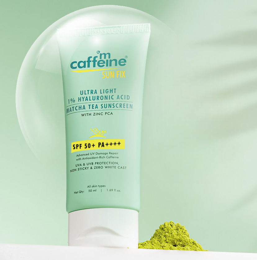 mCaffeine Sun Fix Ultra Light 1% Hyaluronic Acid Matcha Tea Sunscreen SPF 50+ PA++++ | Swadesiicart