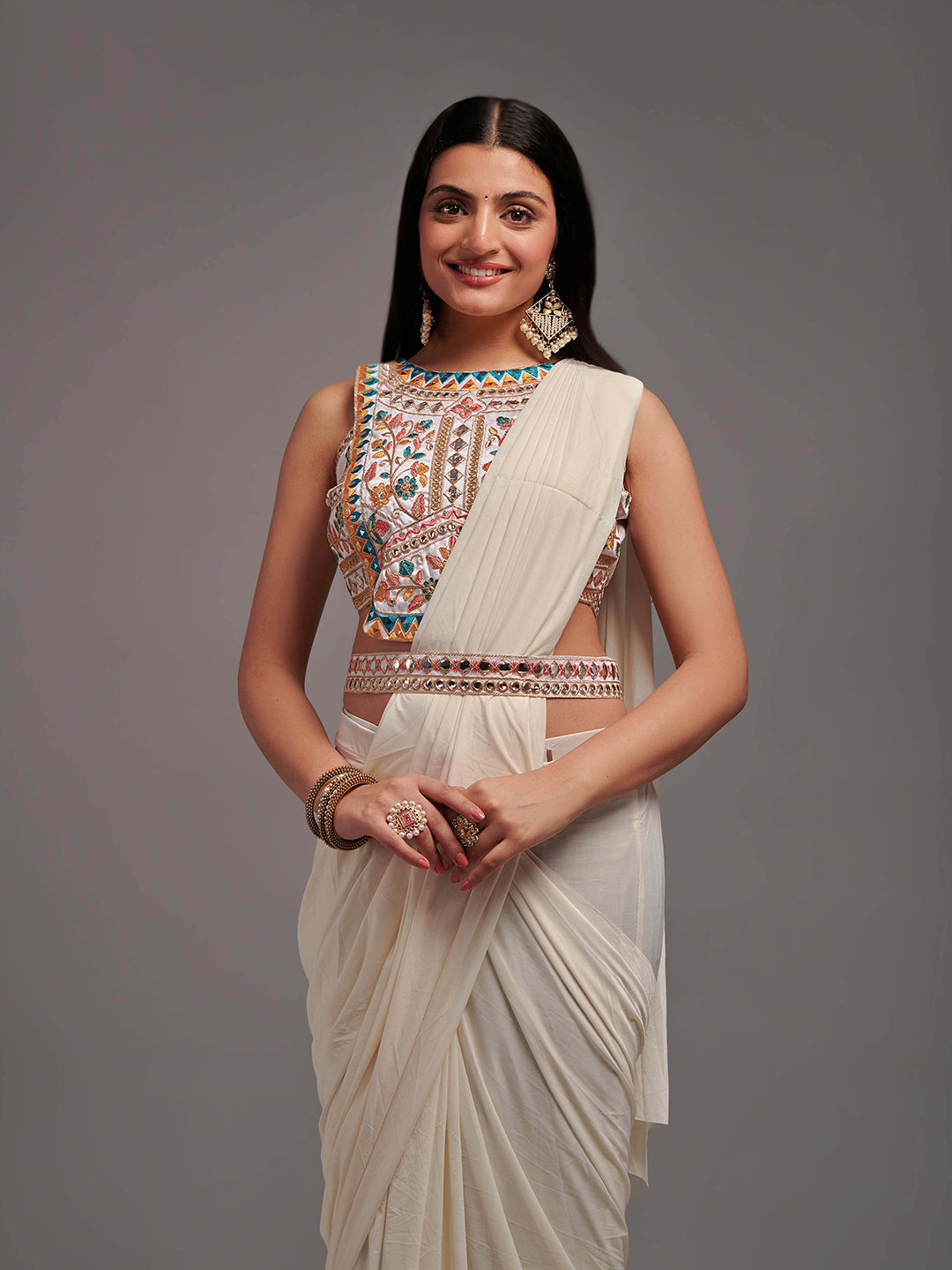 Kalini Embroidered Ready to Wear Saree With Semi Stitched Blouse | Swadesiicart