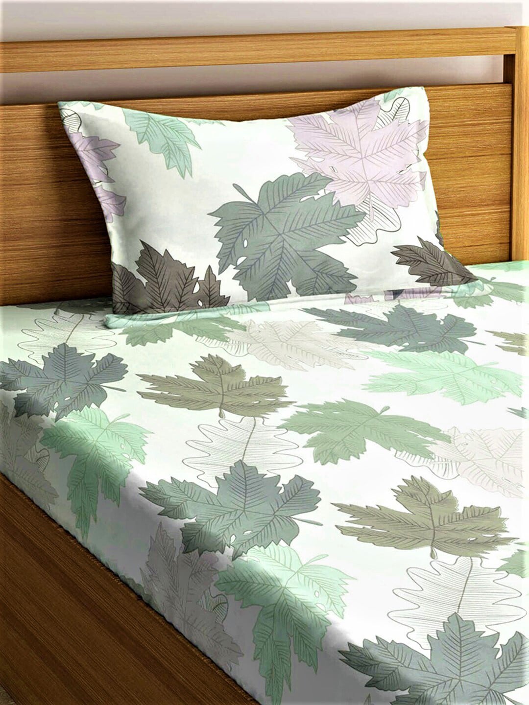 Home Sizzler White & Green Floral 210 TC Bedsheet with Pillow Covers - Swadesiicart