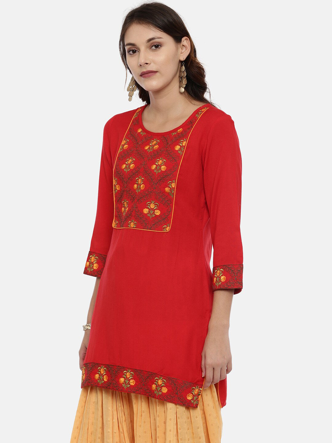 Souchii Women Red & Yellow Floral Yoke Design Kurta - Swadesiicart