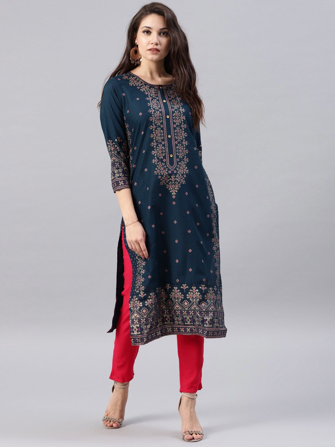 Vishudh Women Navy Blue Printed A-Line Kurta - Swadesiicart