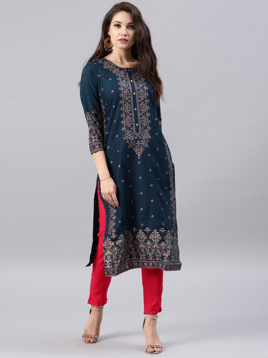 Vishudh Women Navy Blue Printed A-Line Kurta - Swadesiicart