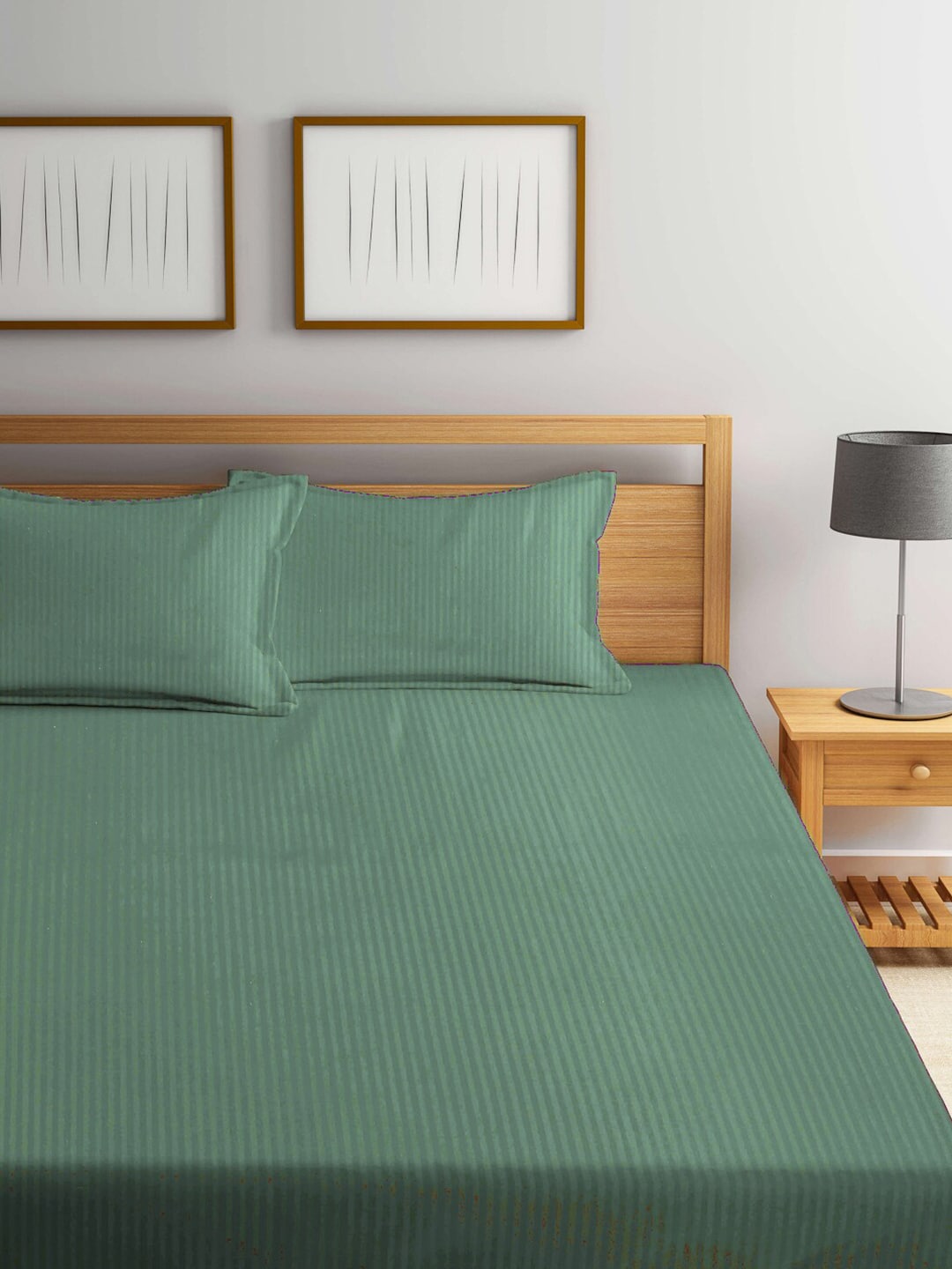 KLOTTHE Green Striped 210 TC Bedsheet with Pillow Covers - Swadesiicart