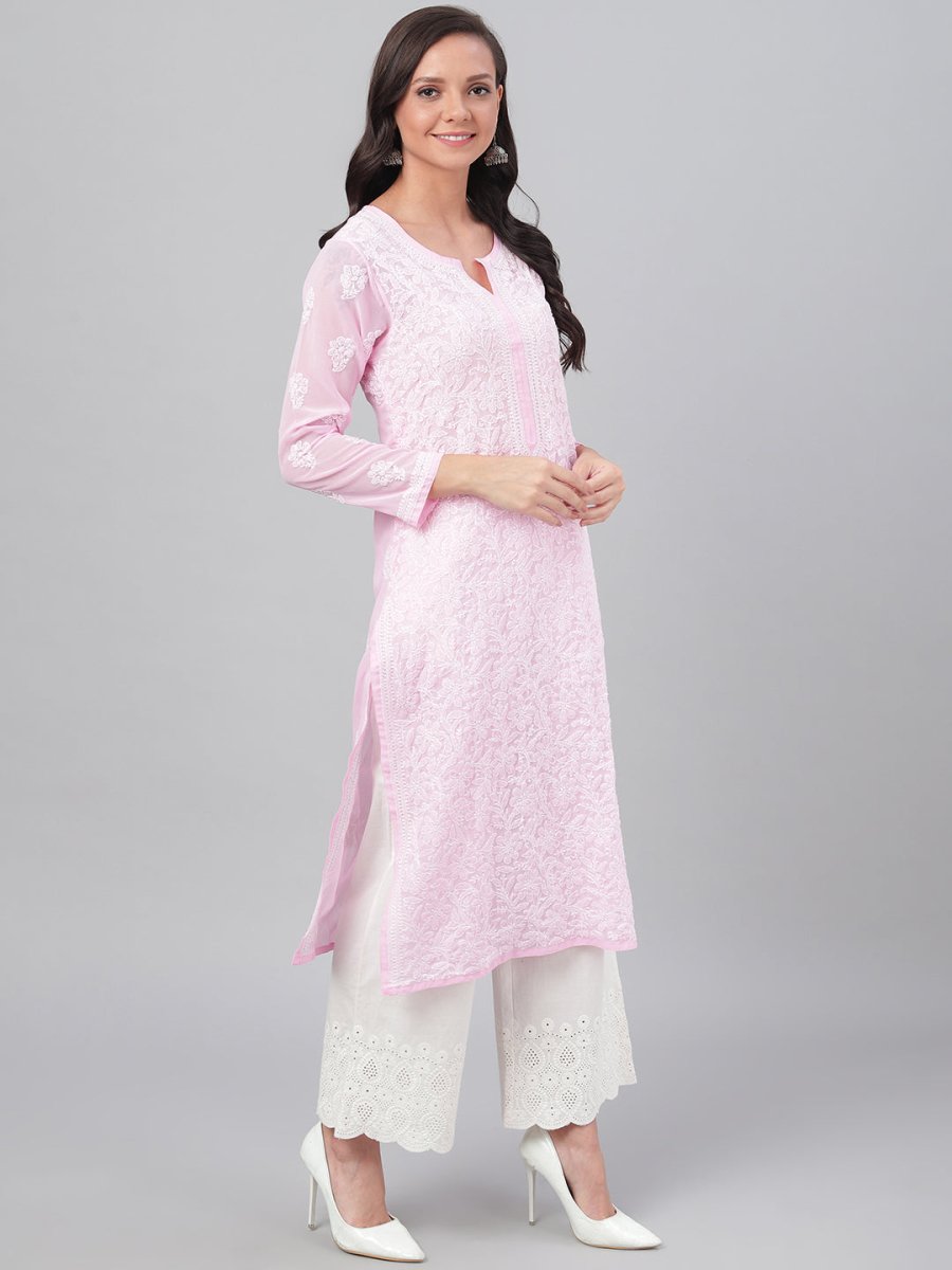 ADA Women Pink & White Chikankari Hand Embroidered Straight Sustainable Handloom Kurta | Swadesiicart