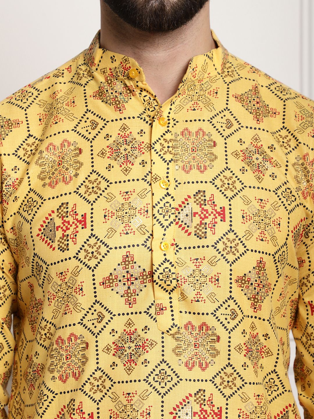 Sojanya Men Yellow Ethnic Motifs Printed Kurta with Churidar | Swadesiicart