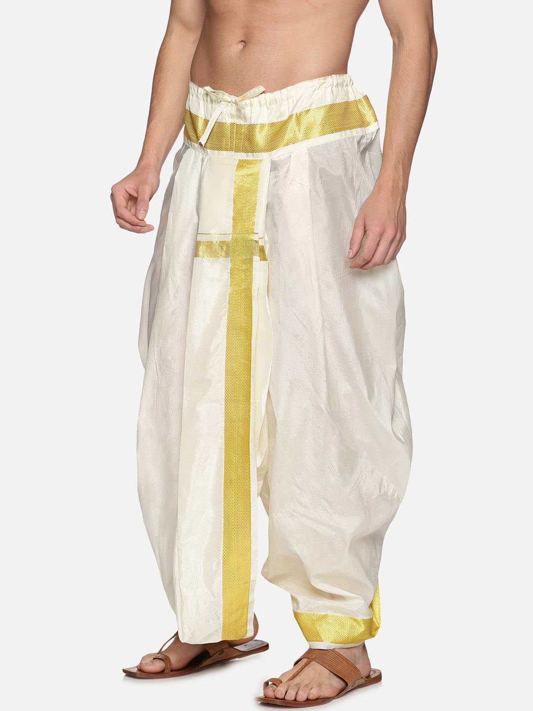 Sethukrishna Men Cream-Coloured Solid Readymade Dhoti Pants | Swadesiicart