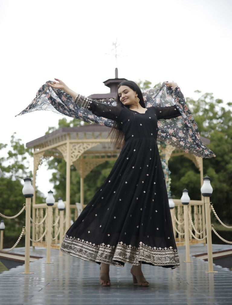 Jyoti Fashion Women's Black Faux Blooming Sequins with Zari Embroidery Anarkali Dress with Dupatta | Swadesiicart