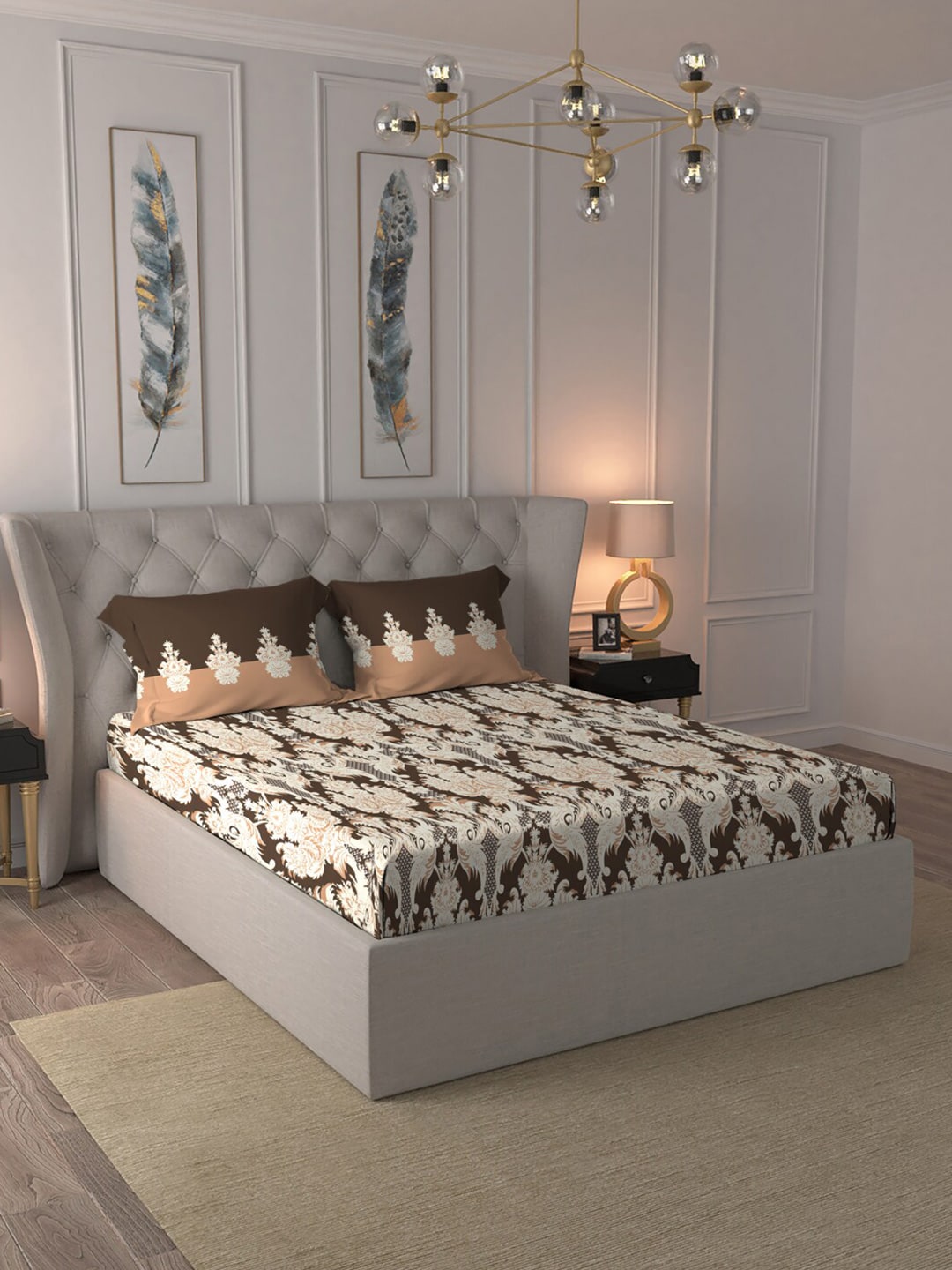 MYTRIDENT Brown White Ethnic Motifs Cotton 144 TC Queen Bedsheet With 2 Pillow Covers - Swadesiicart