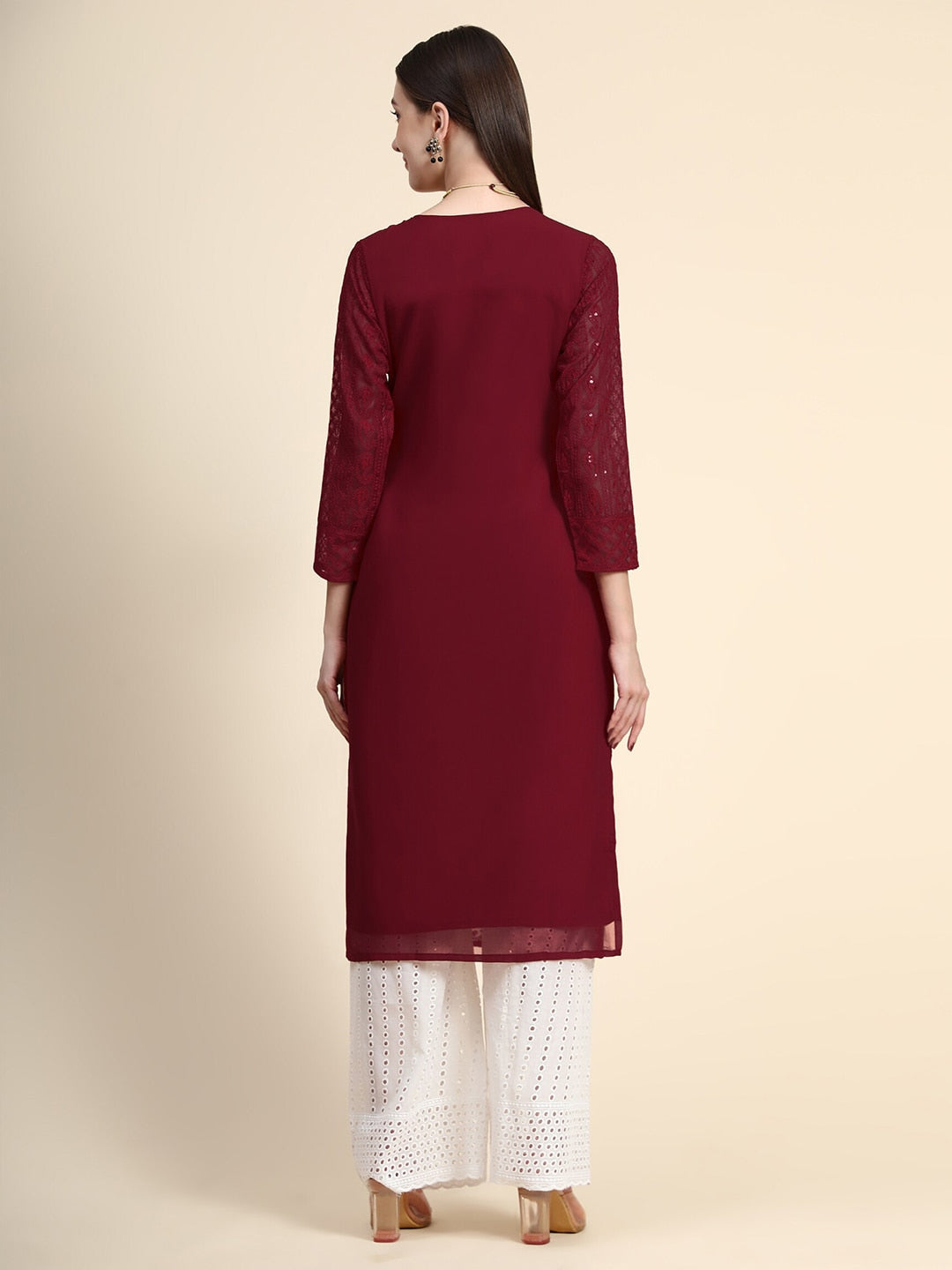 Kalini Paisley Embroidered Chikankari Georgette Straight Regular Kurta | Swadesiicart