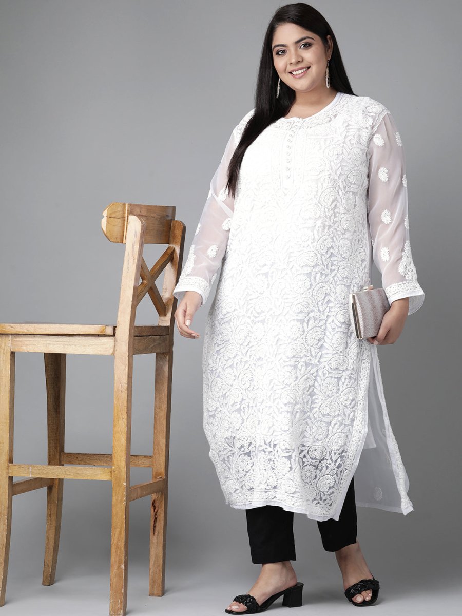 ADA Women Plus Size White Chikankari Embroidered Handloom Kurta with Inner | Swadesiicart