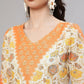 Aks Floral Printed V-Neck Bell Sleeves Pleated Cotton Kurta