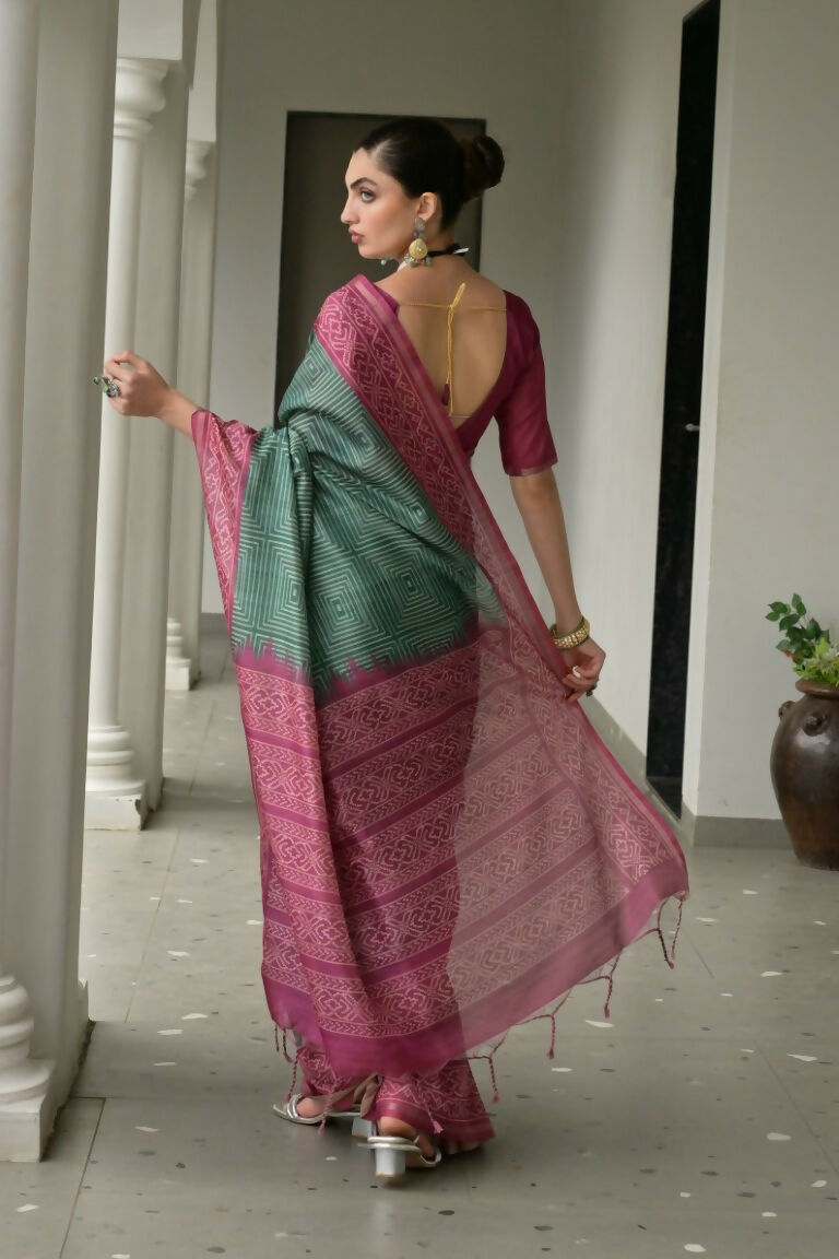 Vishnu Weaves Women's Wine Soft Tussar Silk Printed Saree with Blouse - Swadesiicart