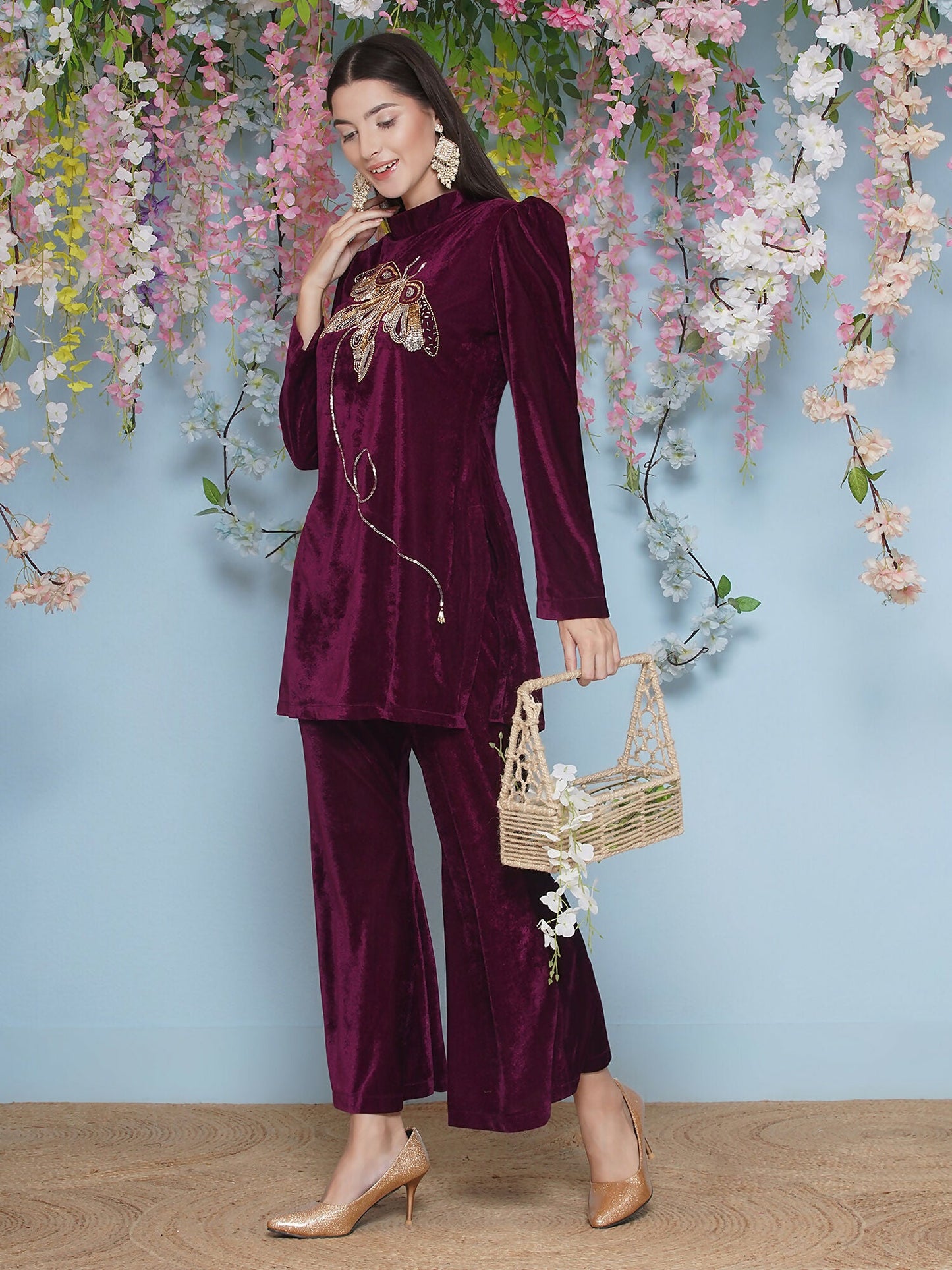 Joban Fashion Wine Velvet Hand Embellished Coord Set - Swadesiicart