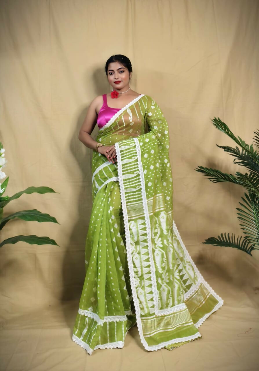 Exclusive Collection Beautiful Light Green Jaal Jamdani Saree - Swadesiicart