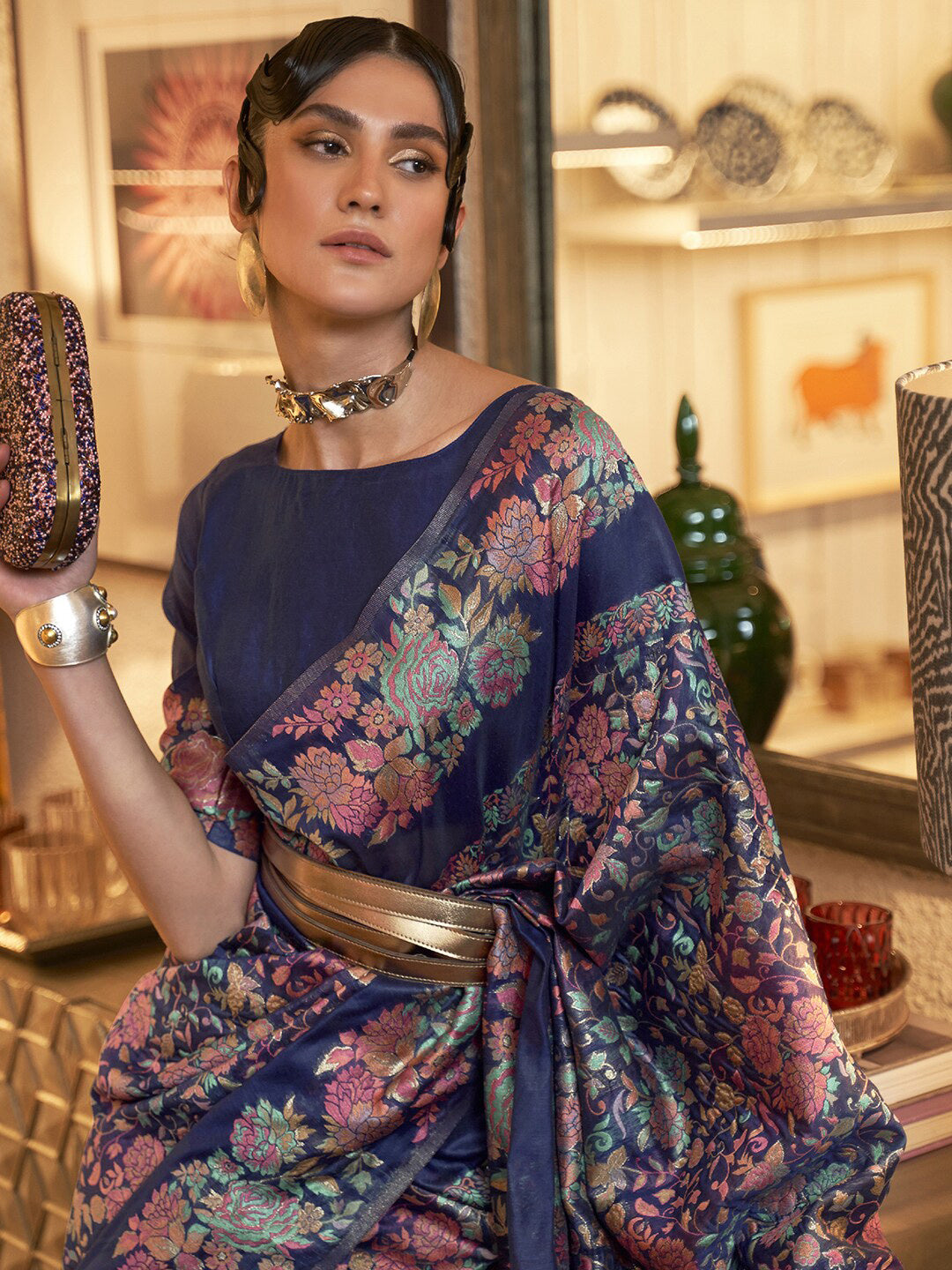 Mitera Navy Blue & Pink Floral Zari Silk Blend Banarasi Saree | Swadesiicart