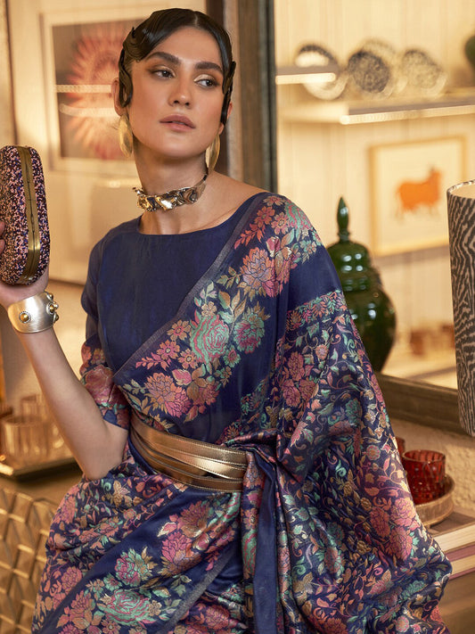 Mitera Navy Blue & Pink Floral Zari Silk Blend Banarasi Saree | Swadesiicart