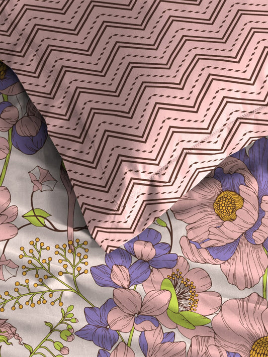 MYTRIDENT Moments Pink Blue Floral Pure Cotton 120 TC Queen Bedsheet With 2 Pillow Covers - Swadesiicart