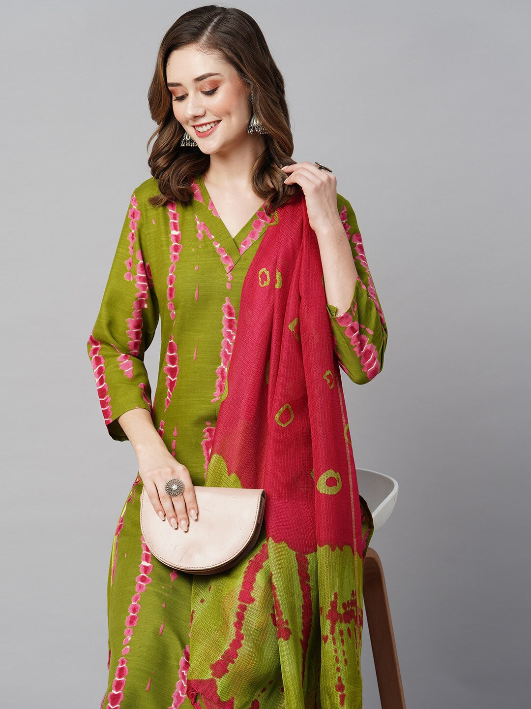 Indian Clothing Kalini Bandhani Printed Regular Kurta With Trousers & Dupatta - Swadesiicart