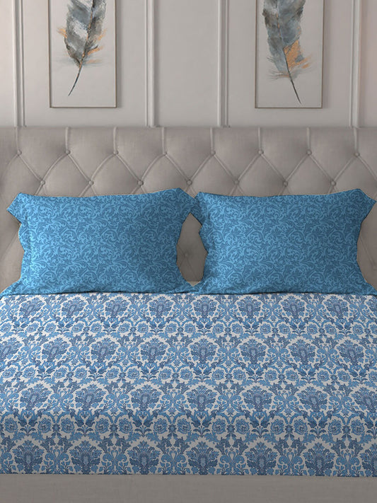 MYTRIDENT Blue White Ethnic Motifs Pure Cotton 120 TC Queen Bedsheet With 2 Pillow Covers - Swadesiicart
