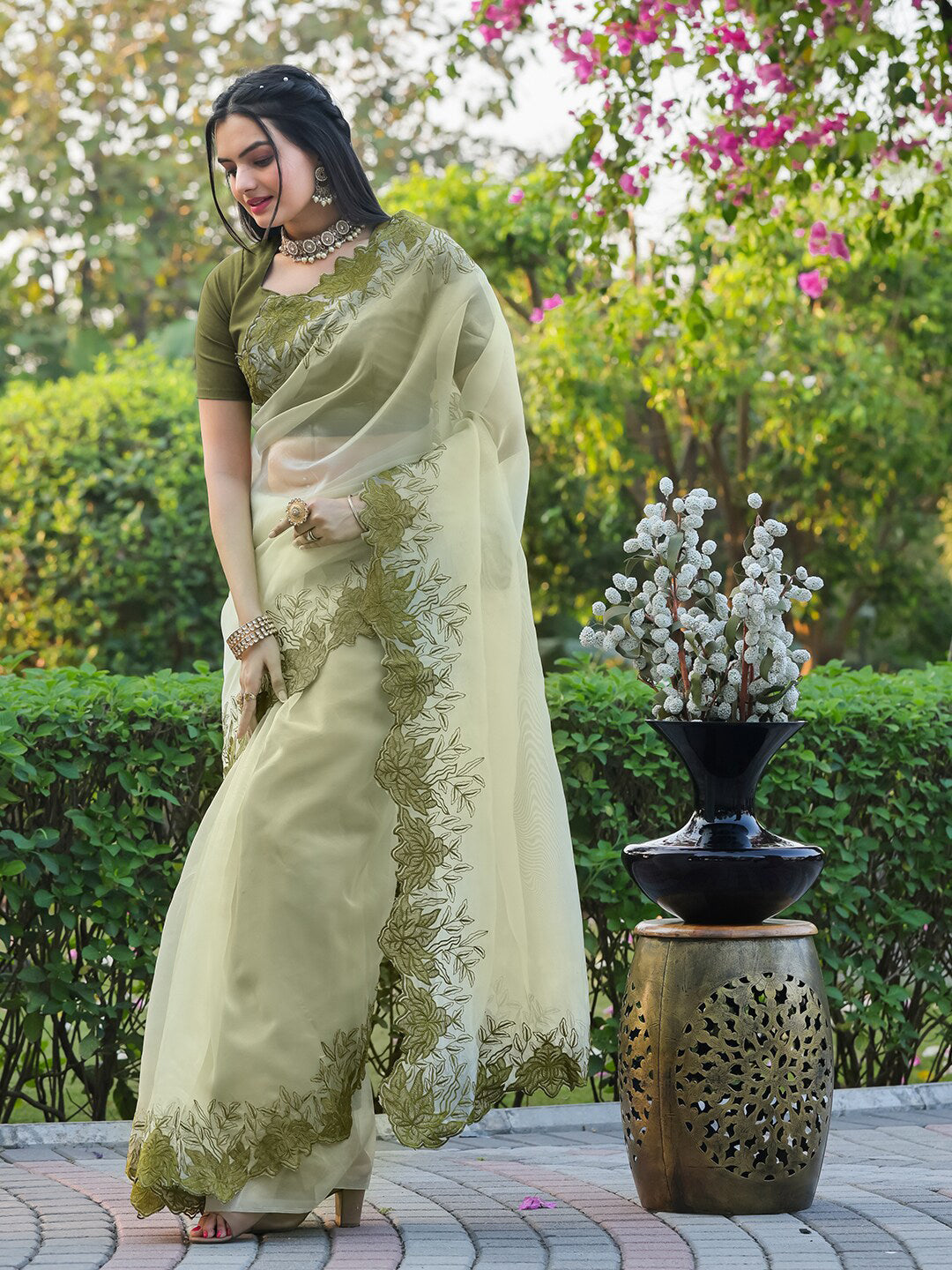 Tikhi Imli Embroidered Organza Saree | Swadesiicart