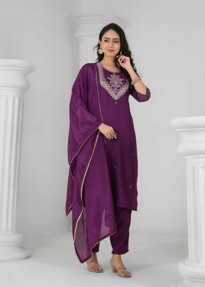 Ethnic Festive Wear Reyon Wine Stitched Suit With Dupatta - Tanisha | Swadesiicart