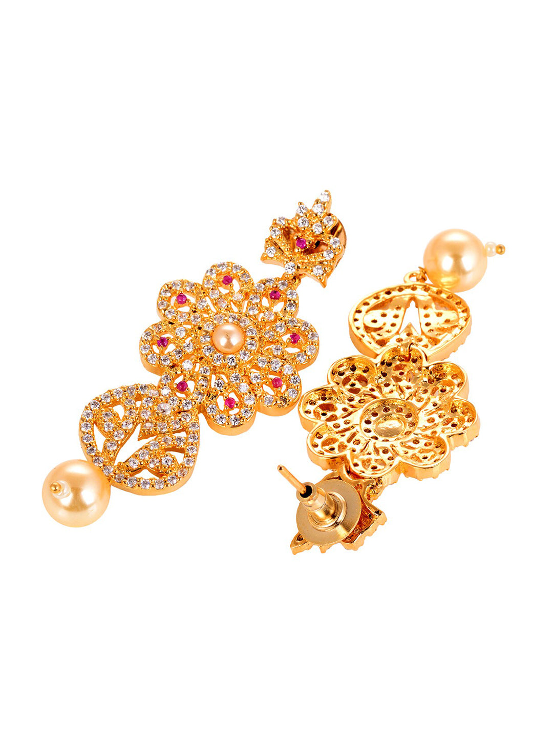 Saraf RS Jewellery Gold-Polished White & Pink American Diamond Studded & Beaded Handcrafted Set - Swadesiicart