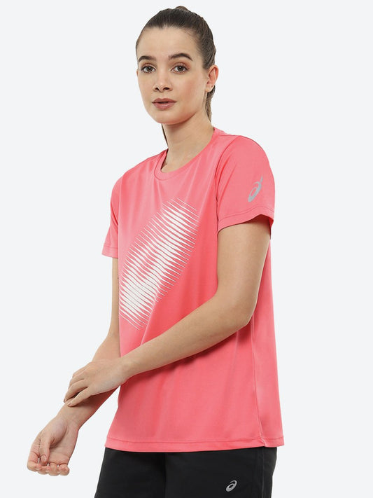 ASICS Women Pink Brand Logo Printed BIG GRAPHIC SS Round Neck Sports Running T-shirt | Swadesiicart