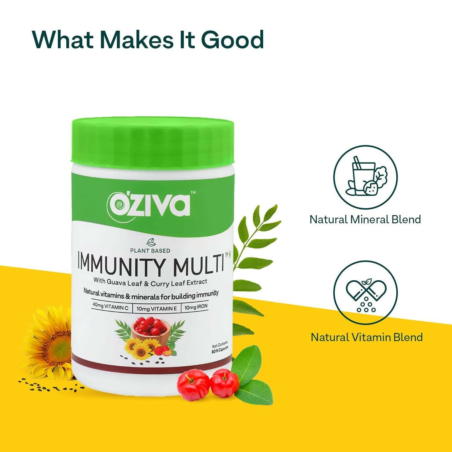 OZiva Plant Based Immunity Multivitamin with Guava Leaf & Curry Leaf Extract Capsules - Swadesiicart
