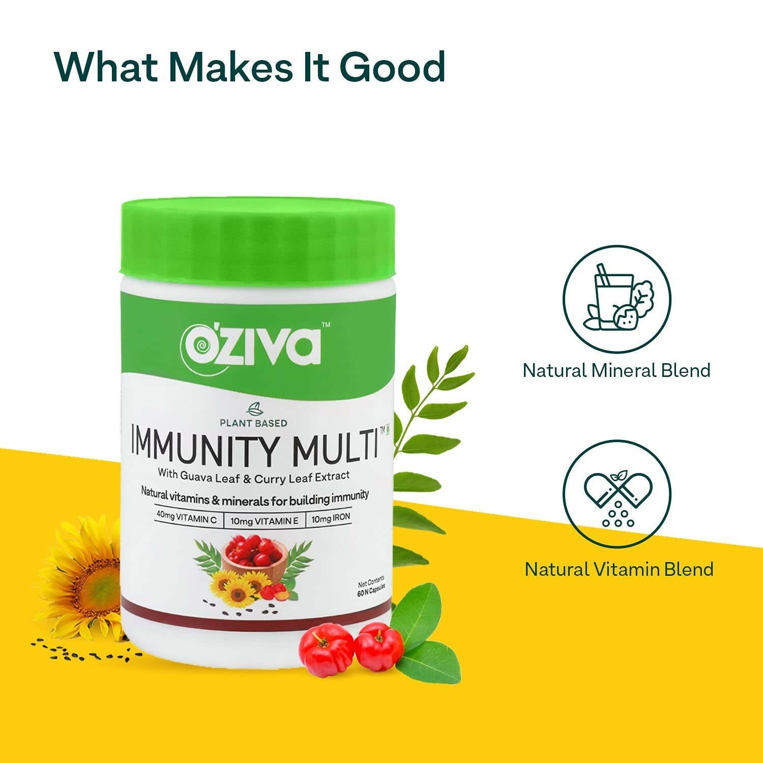 OZiva Plant Based Immunity Multivitamin with Guava Leaf & Curry Leaf Extract Capsules - Swadesiicart