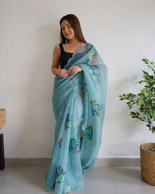 Vamsee Sky Blue Organza Saree - Swadesiicart