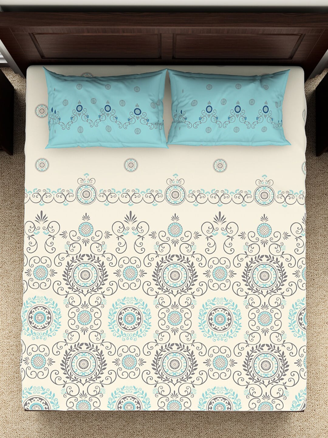 SPACES Reagalis Cream Ethnic Motifs 140 TC Cotton Queen Bedsheet & 2 Pillow Covers - Swadesiicart