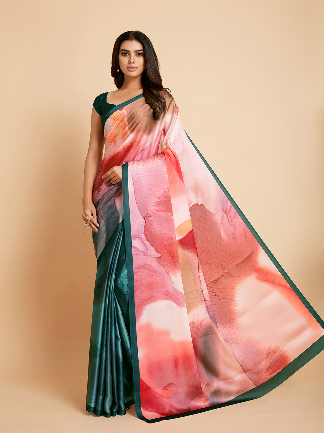 Sangria Peach-Coloured & Blue Satin Ready to Wear Saree | Swadesiicart