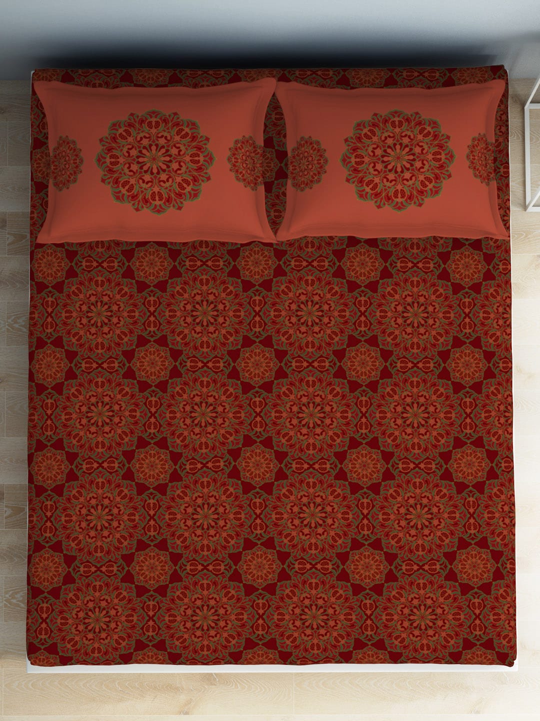 SPACES Aurum Red Ethnic Motifs Pure Cotton 140 TC Queen Bedsheet with 2 Pillow Covers - Swadesiicart