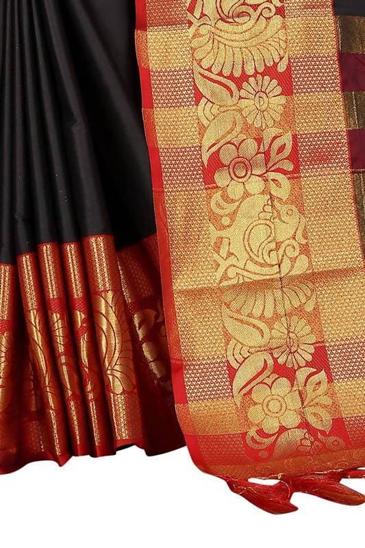 Vamika Banarasi Cotton Silk Weaving Black Saree (DOCTOR MOR BLACK) | Swadesiicart