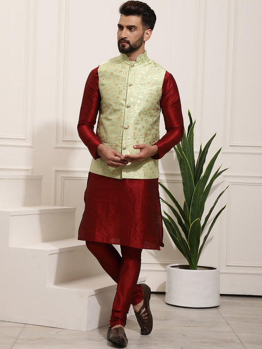Sojanya Men Maroon Solid Kurta Set & Nehru Jacket | Swadesiicart