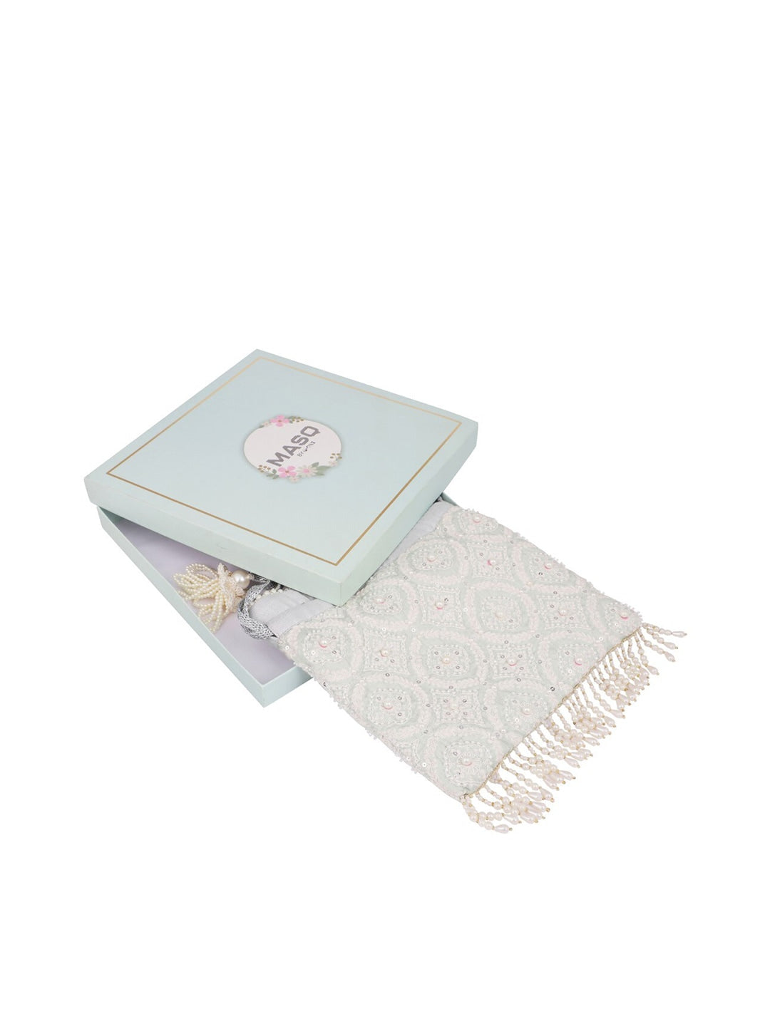 Masq Grey & White Embellished Potli Clutch - Swadesiicart
