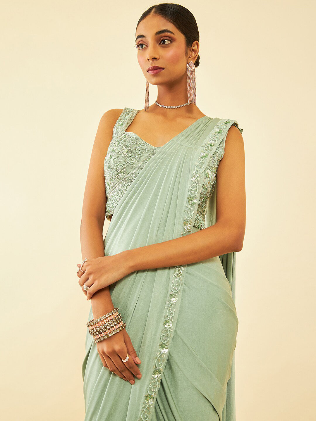 Soch Green Beads and Stones Embellished Ready to Wear Saree | Swadesiicart