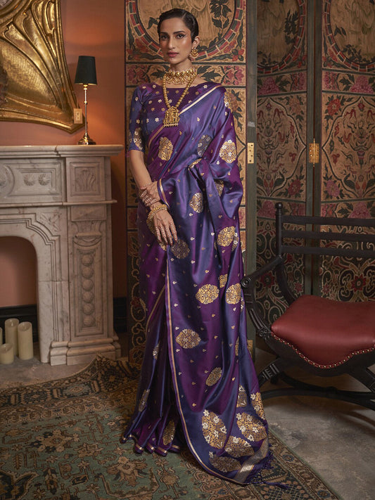 Mitera Purple & Brown Floral Zari Silk Blend Banarasi Saree | Swadesiicart