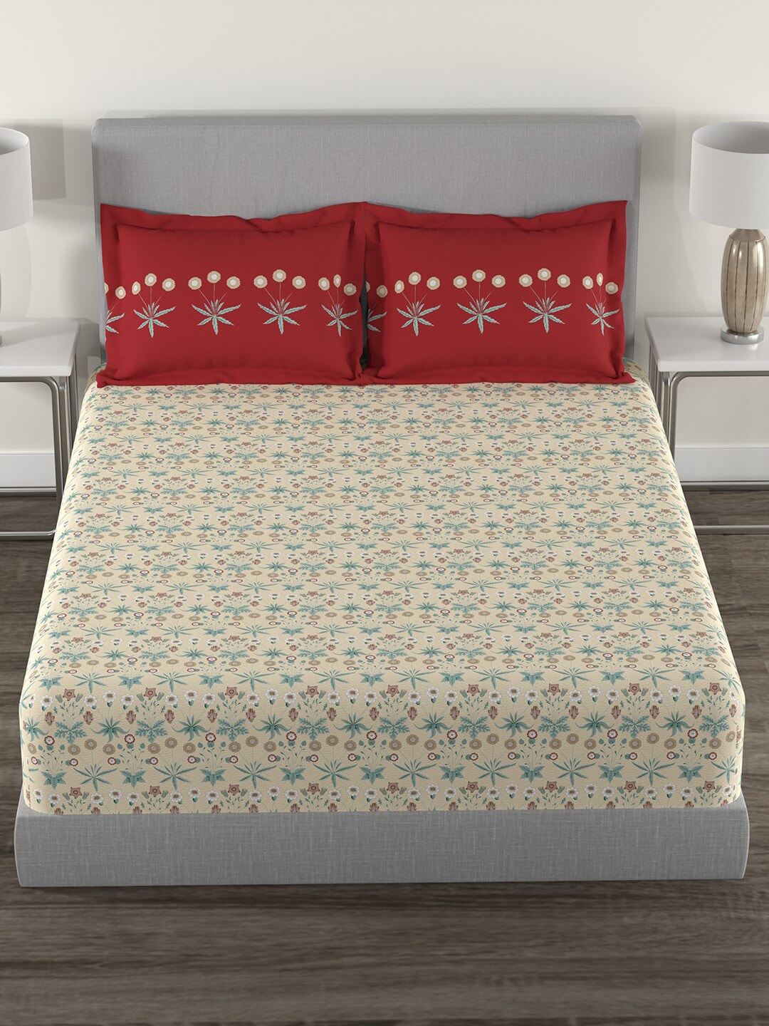 MYTRIDENT Beige Green Floral Cotton 144 TC Queen Bedsheet With 2 Pillow Covers - Swadesiicart