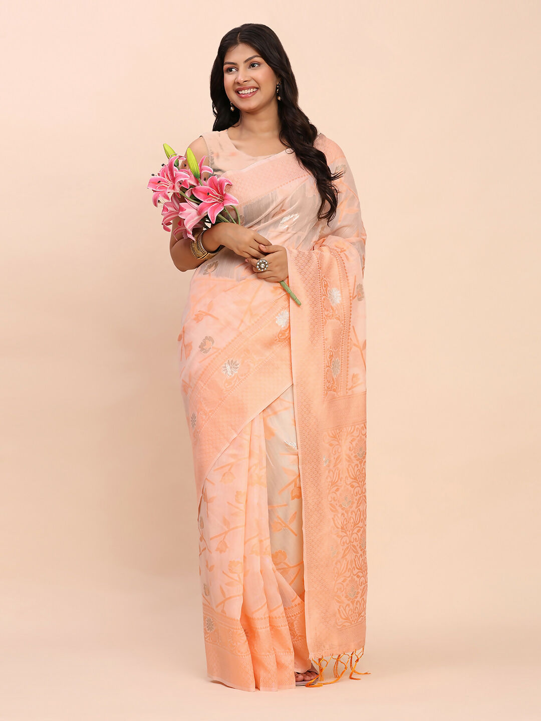Shree Shyam Fashion Linen Cotton Peach Saree